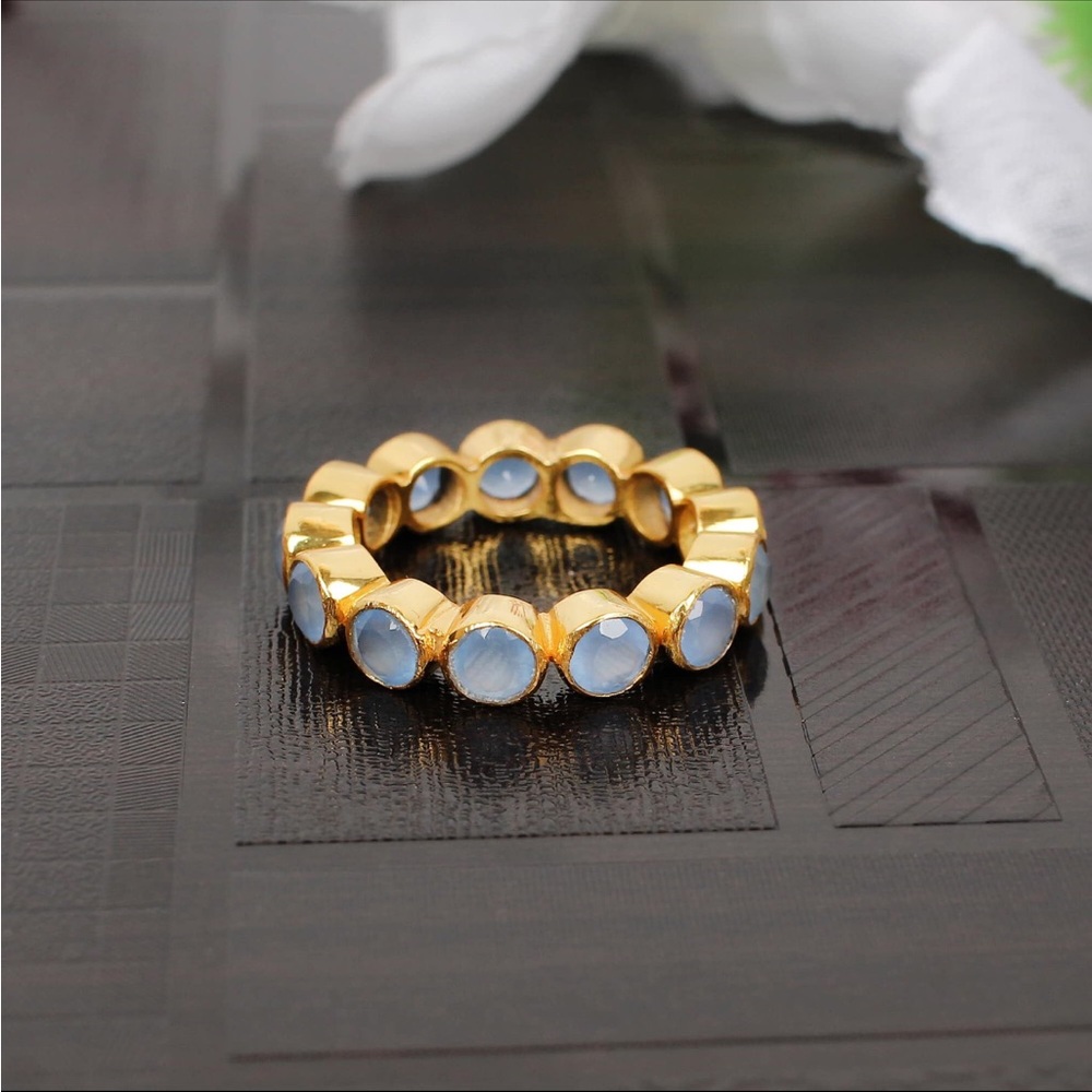 Blue Chalcedony Gold Plated Eternity Gemstone Statement Stacking Bohemian Ring